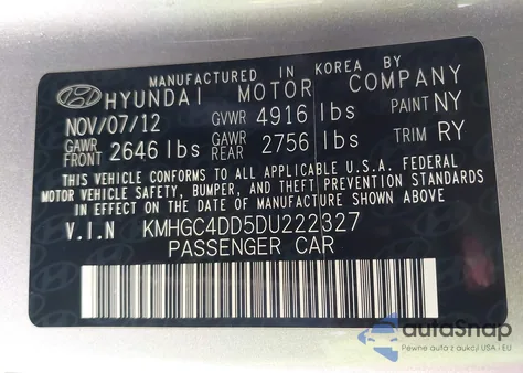 2013 Hyundai Genesis 3.8 from USA, damaged, VIN KMHGC4DD5DU222327